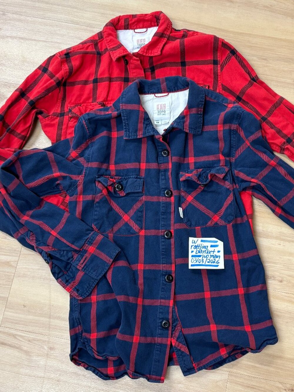 2x Topo Designs Mens Shirts plaid medium (fits small) navy blue and red thick